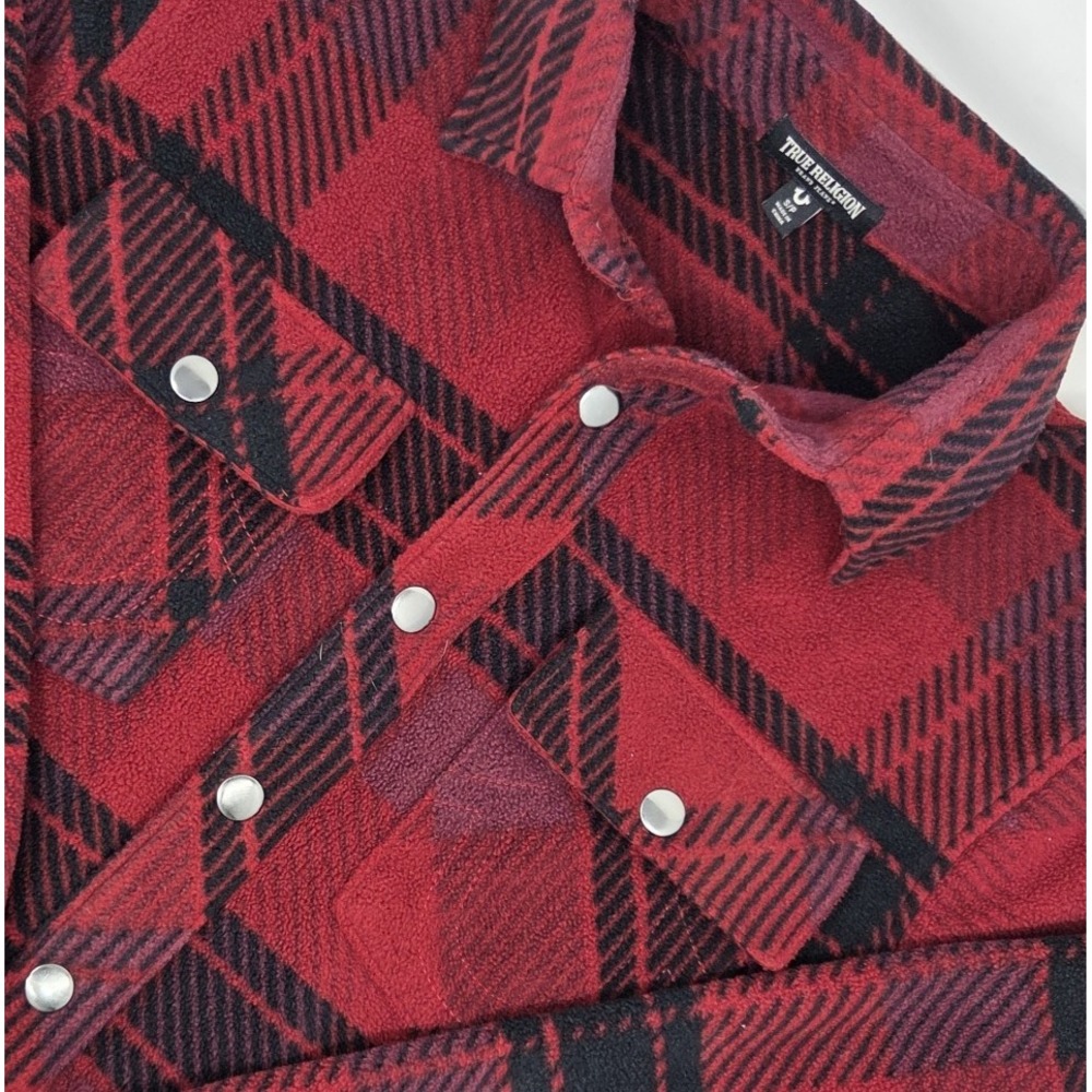 True Religion Polar Fleece Shacket Red Plaid Snap Button Shirt Men's Small